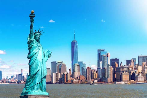 The Statue of Liberty guarding the New York City harbor