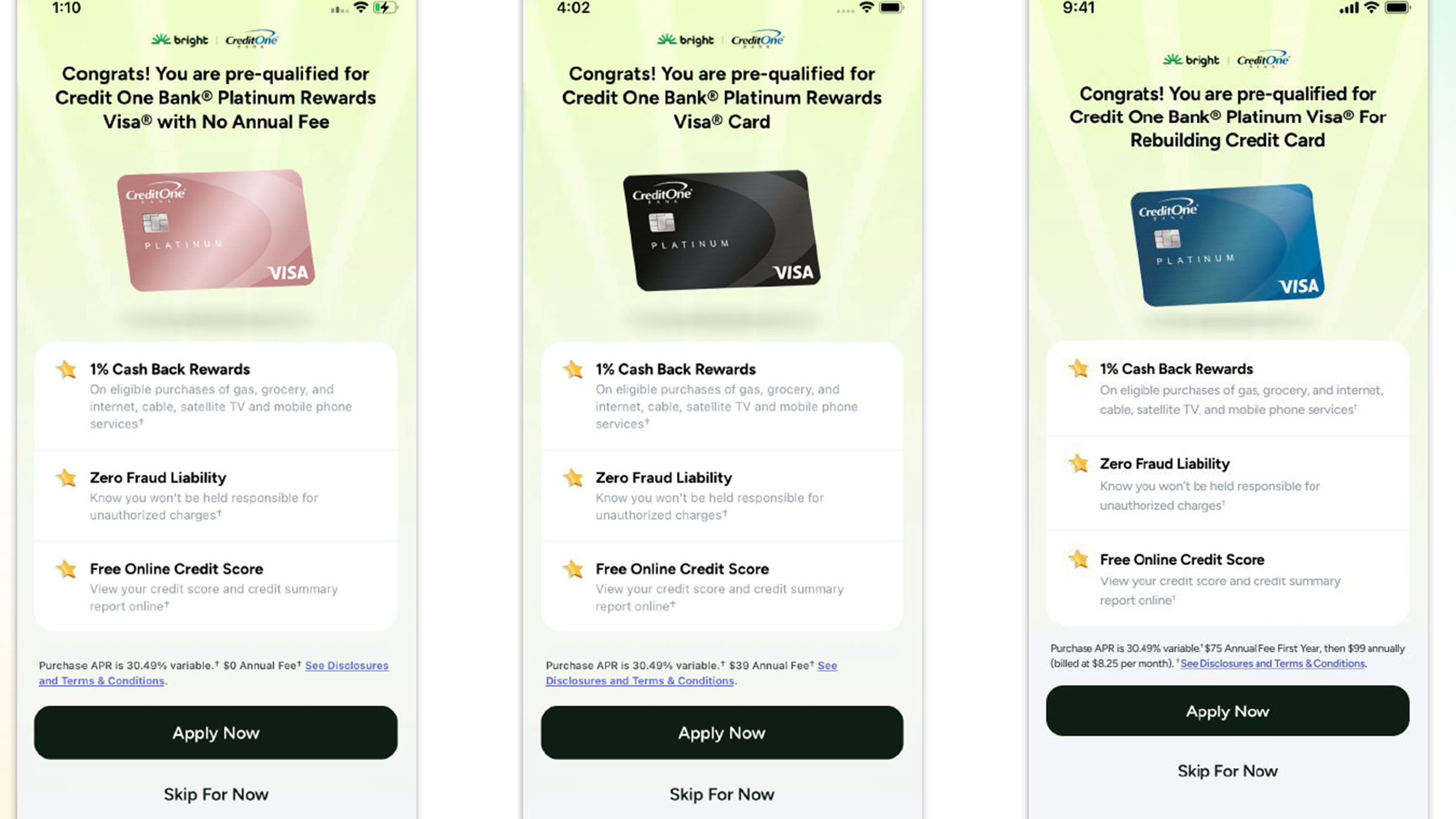 Credit One Bank credit cards offered on the Bright Money platform.